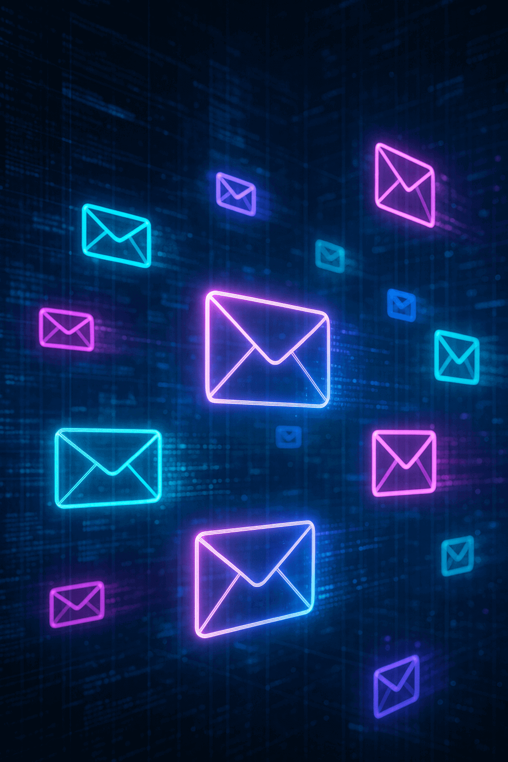 Multiple neon-colored email icons floating over a code background, symbolizing disposable inboxes in cyberspace