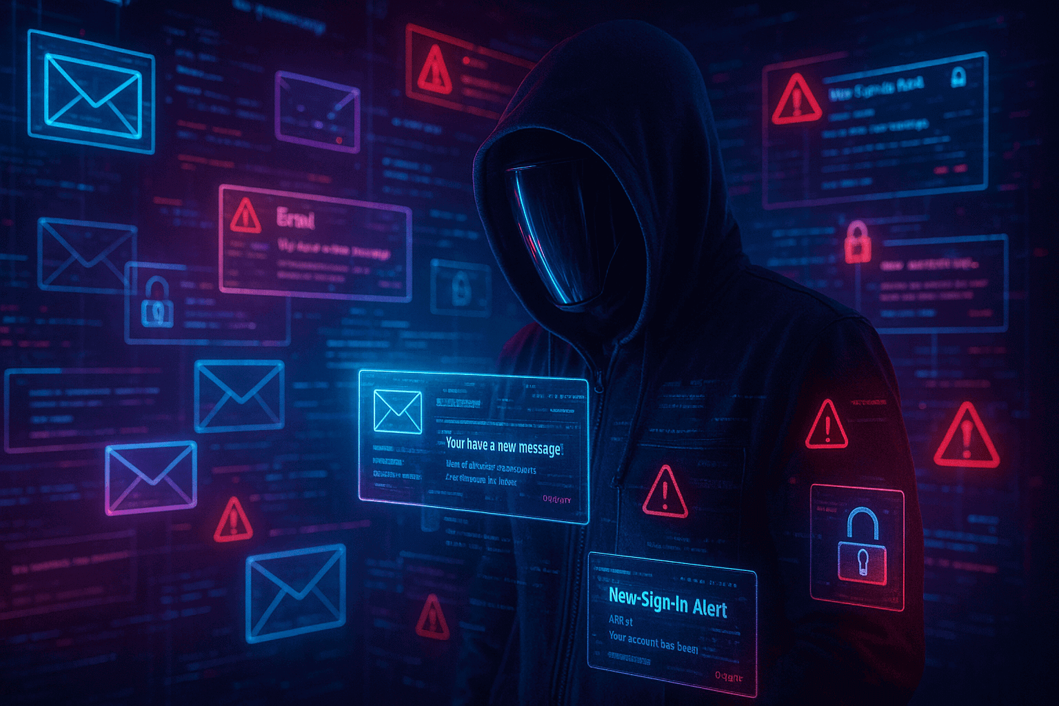 Hacker figure viewing public inbox data streams, emphasizing risks of unprotected temp mail