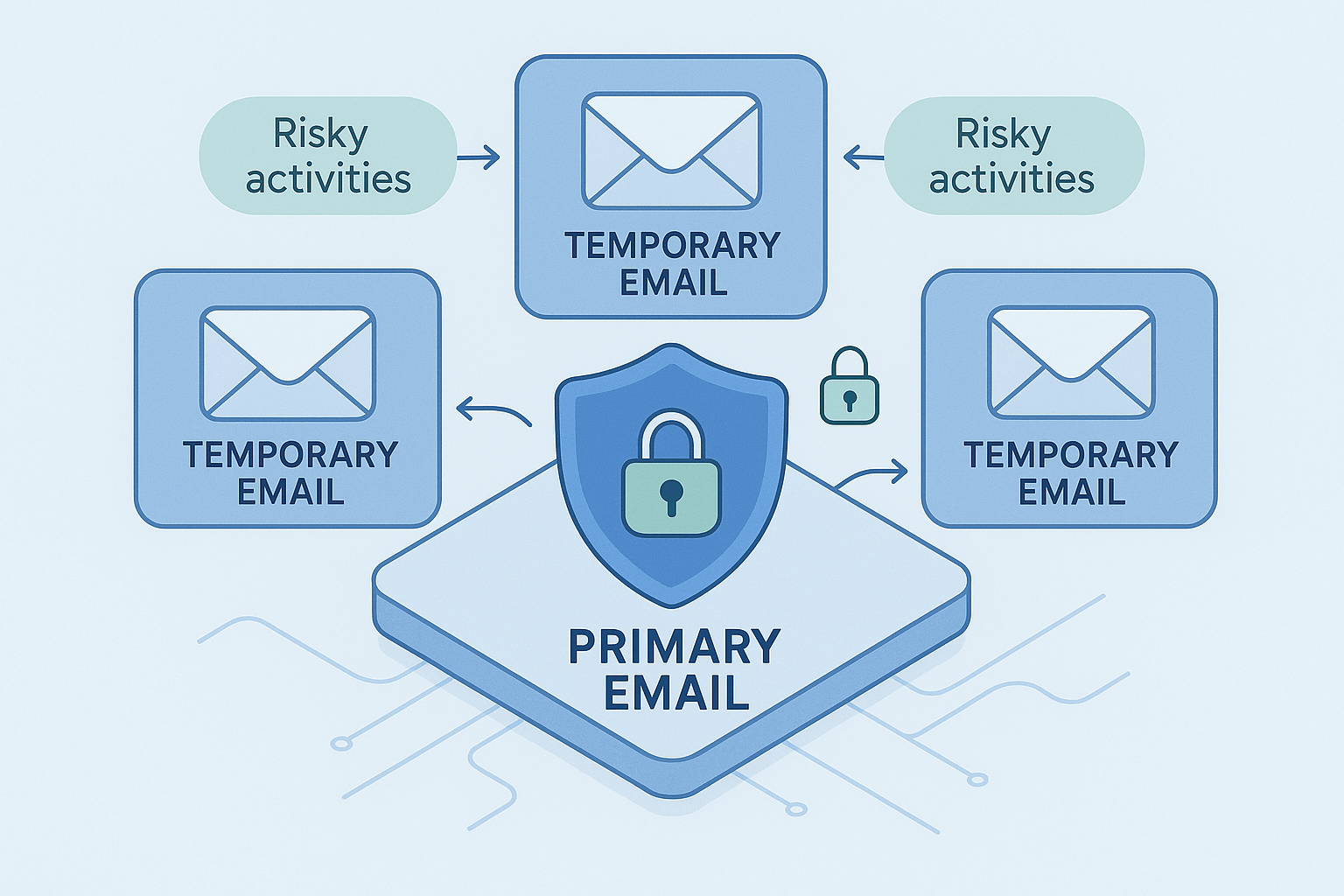 Diagram showing email compartmentalization strategy with primary email protected in the center