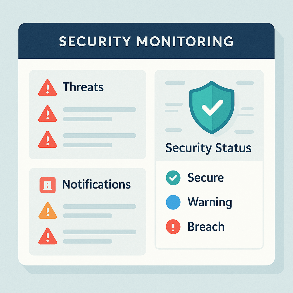 Security monitoring dashboard mockup showing threat alerts, breach notifications, and security status indicators in a clean, professional interface