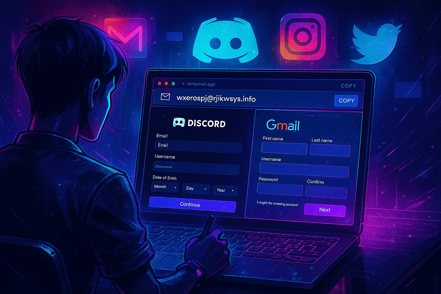 a user signing up for various social media platforms using a temporary email address
